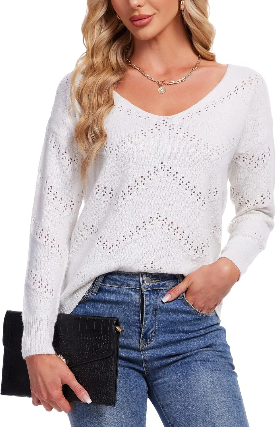 V Neck Sweaters for Women Lightweight Spring Tops Long Sleeve Crochet Sweater Hollow Out Knit Tops