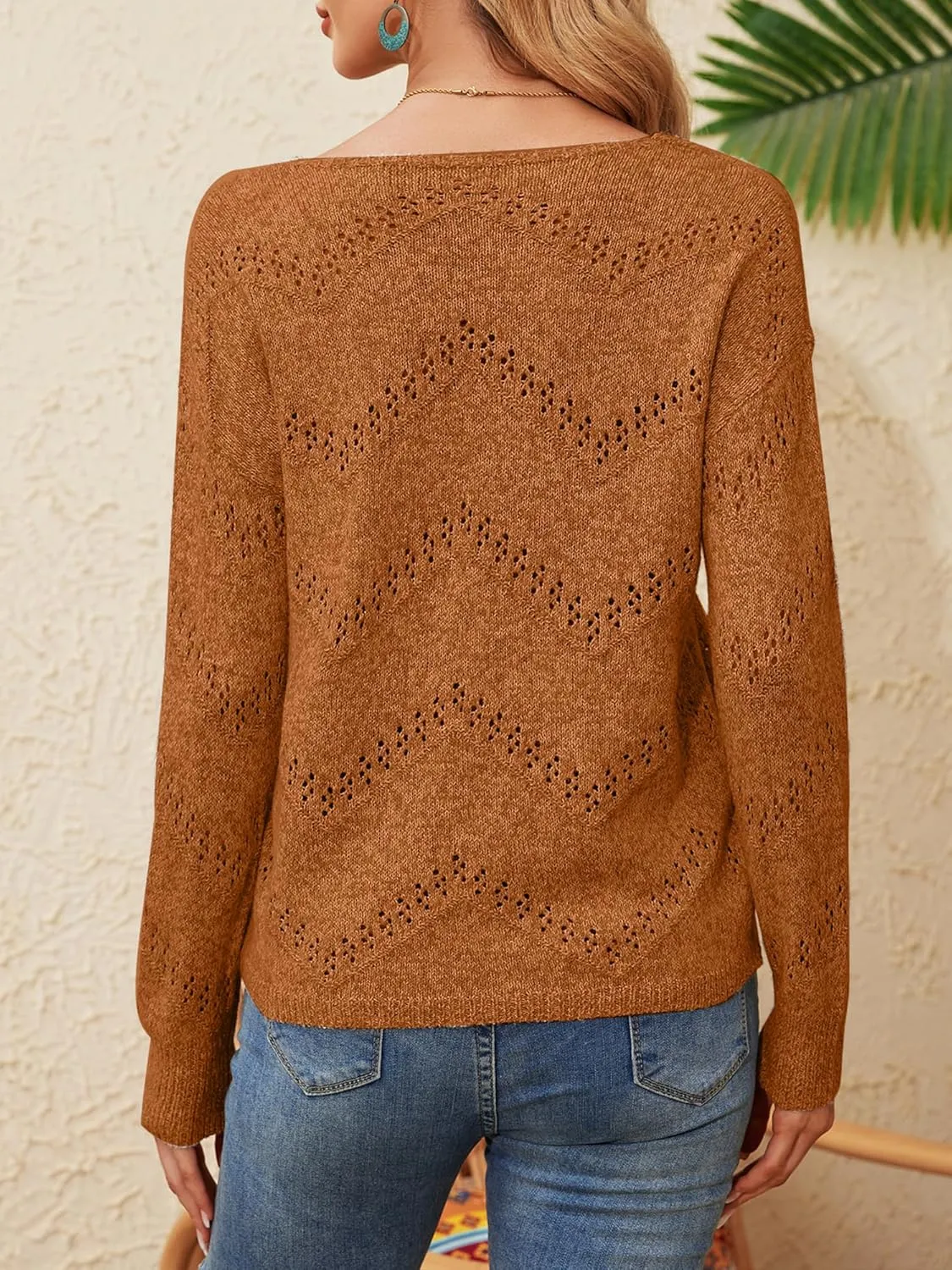 V Neck Sweaters for Women Lightweight Spring Tops Long Sleeve Crochet Sweater Hollow Out Knit Tops