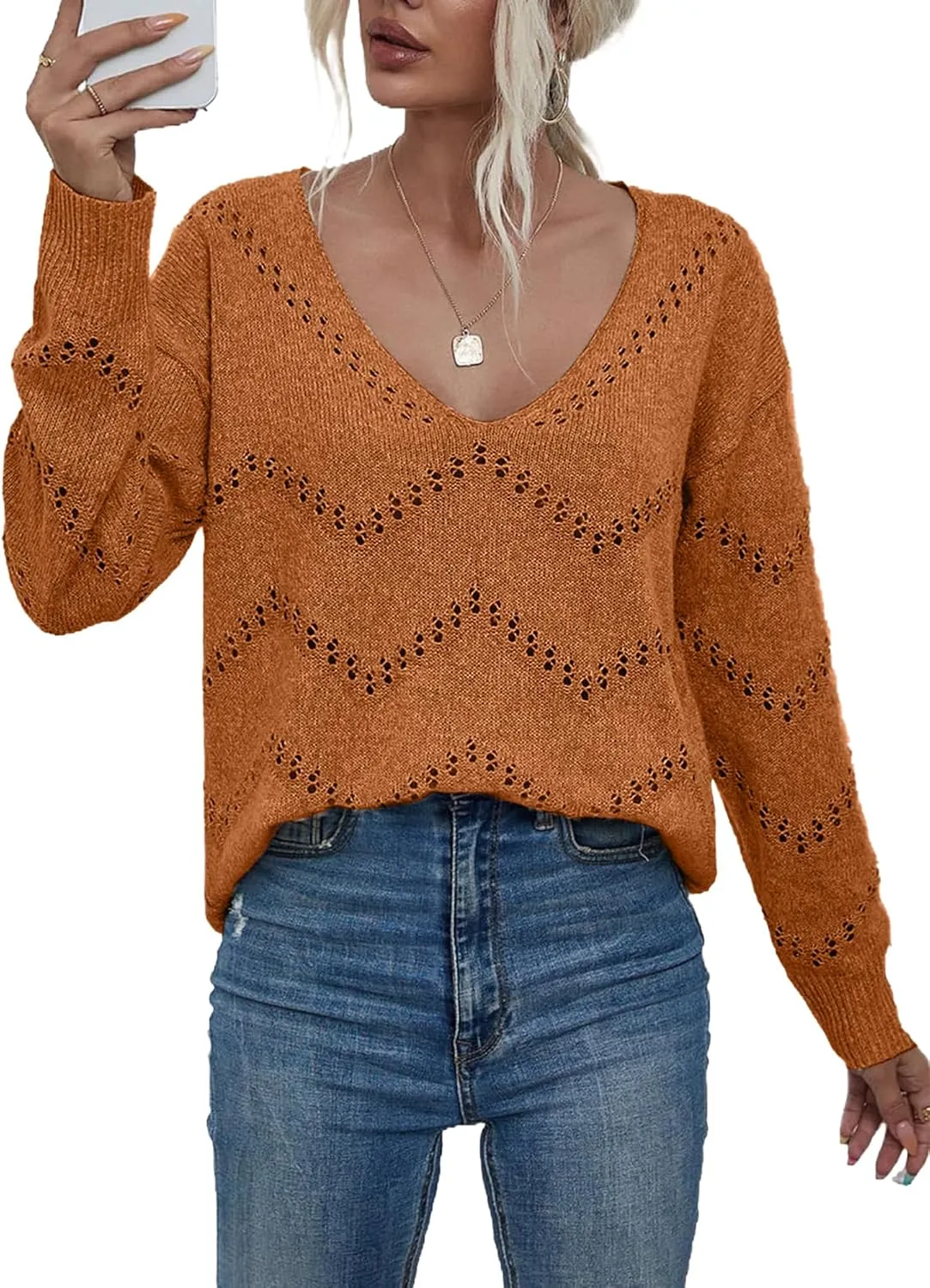 V Neck Sweaters for Women Lightweight Spring Tops Long Sleeve Crochet Sweater Hollow Out Knit Tops