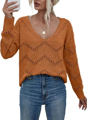 V Neck Sweaters for Women Lightweight Spring Tops Long Sleeve Crochet Sweater Hollow Out Knit Tops