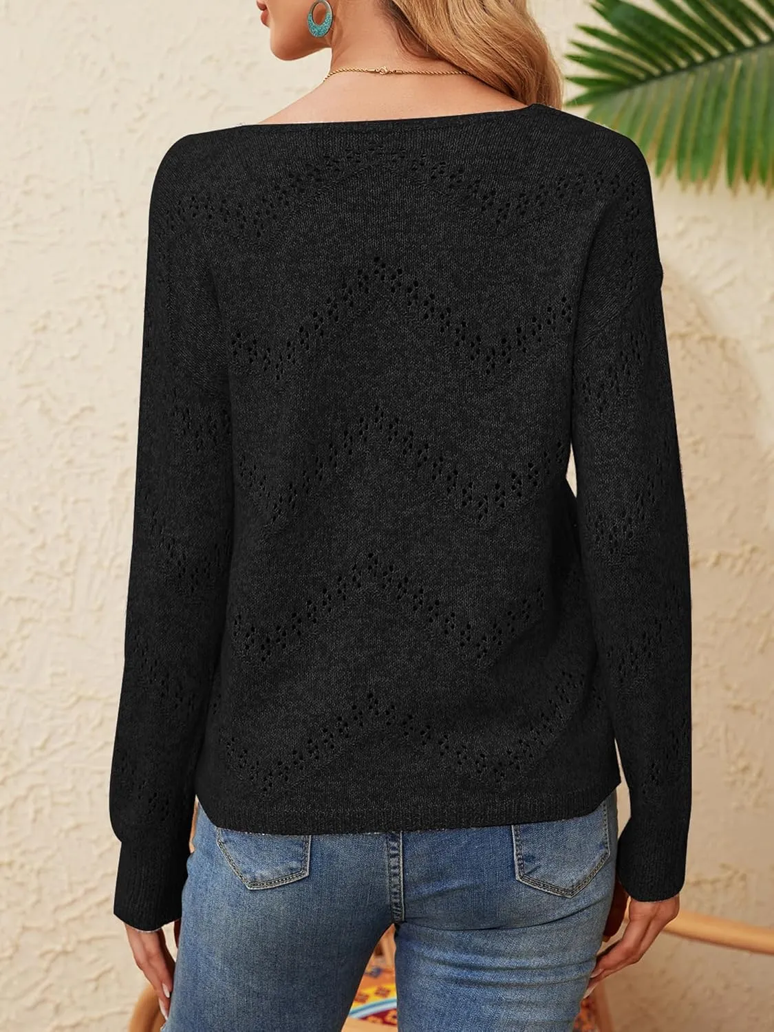 V Neck Sweaters for Women Lightweight Spring Tops Long Sleeve Crochet Sweater Hollow Out Knit Tops