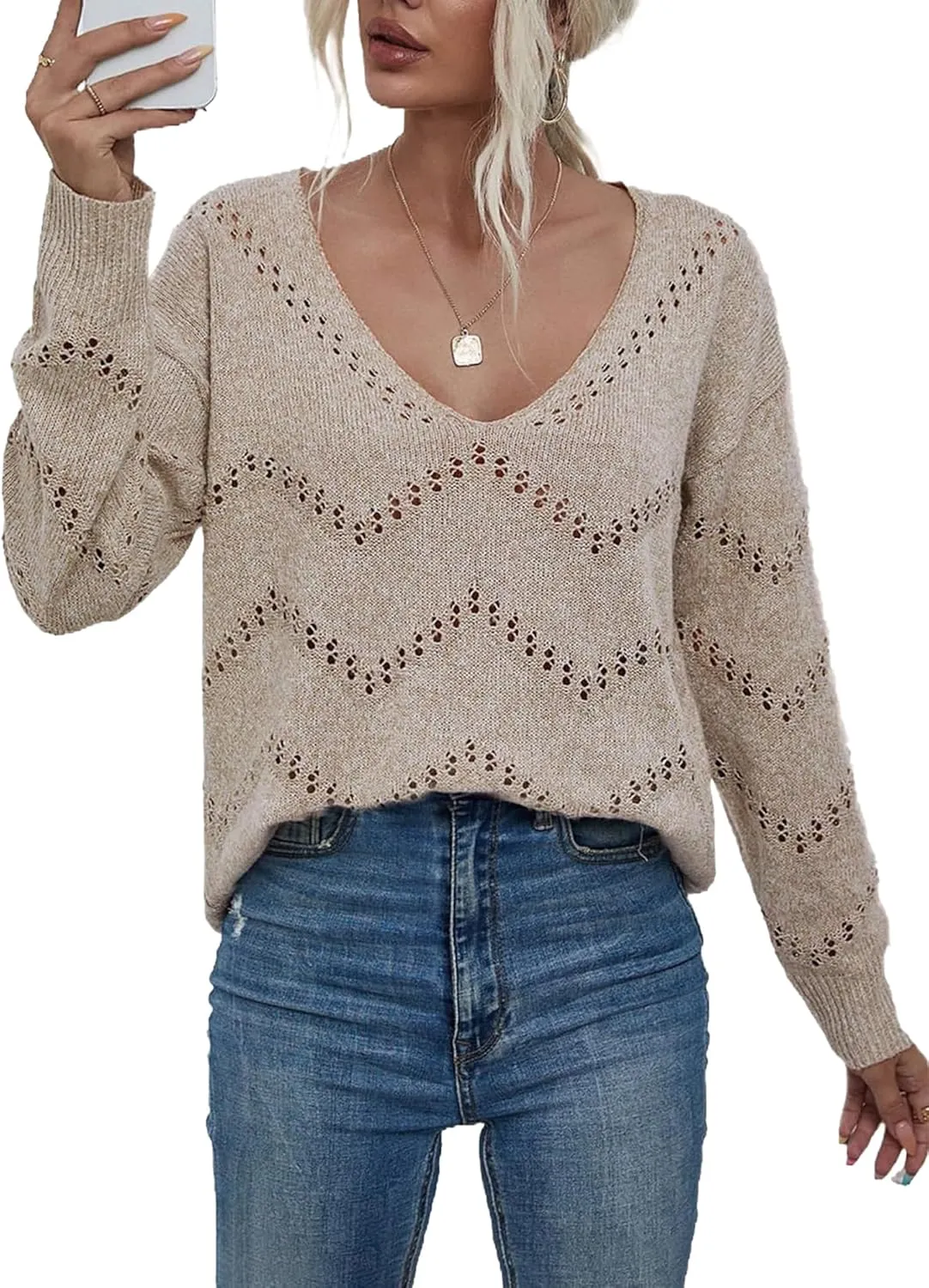 V Neck Sweaters for Women Lightweight Spring Tops Long Sleeve Crochet Sweater Hollow Out Knit Tops