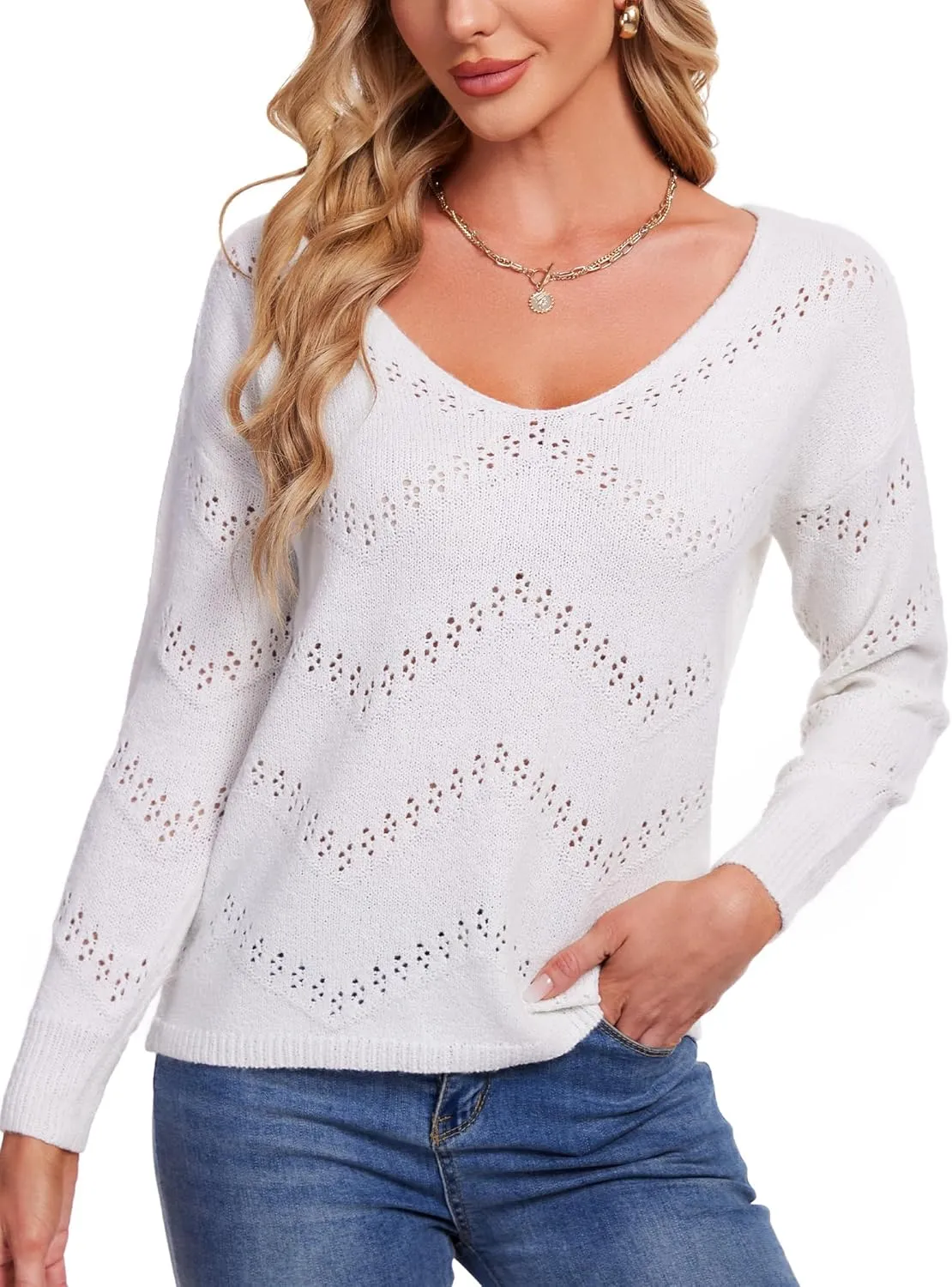 V Neck Sweaters for Women Lightweight Spring Tops Long Sleeve Crochet Sweater Hollow Out Knit Tops