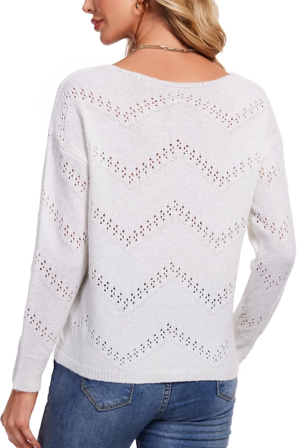 V Neck Sweaters for Women Lightweight Spring Tops Long Sleeve Crochet Sweater Hollow Out Knit Tops