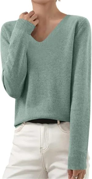 V Neck Sweaters for Women Trendy Baggy Cotton Knitted Comfy Cashmere Sweaters Casual Lightweight Pullover Tunic Tops