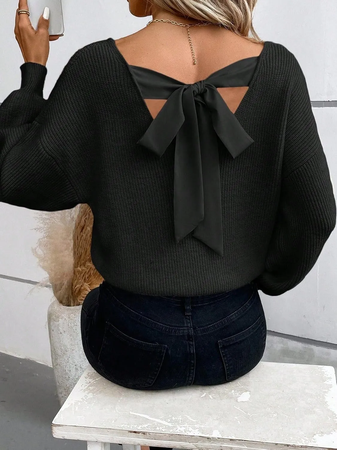V Neck Sweaters Woman,Off The Shoulder Sweater Top,Fitted Long Sleeve Shirt Women,Tie Back Sweater,Knit Sweater