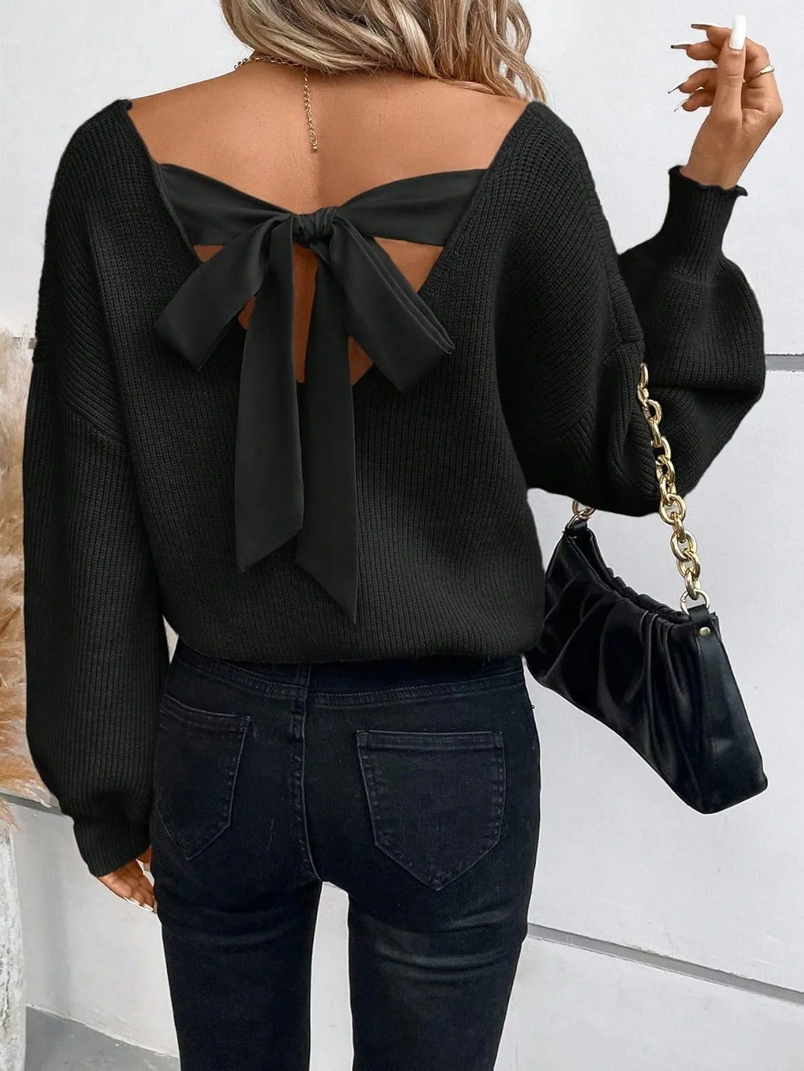 V Neck Sweaters Woman,Off The Shoulder Sweater Top,Fitted Long Sleeve Shirt Women,Tie Back Sweater,Knit Sweater