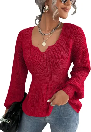 Veatzaer Womens V Neck Sweaters Fall Trendy Casual Long Lantern Sleeve Ribbed Knit Pullover Sweater Tops