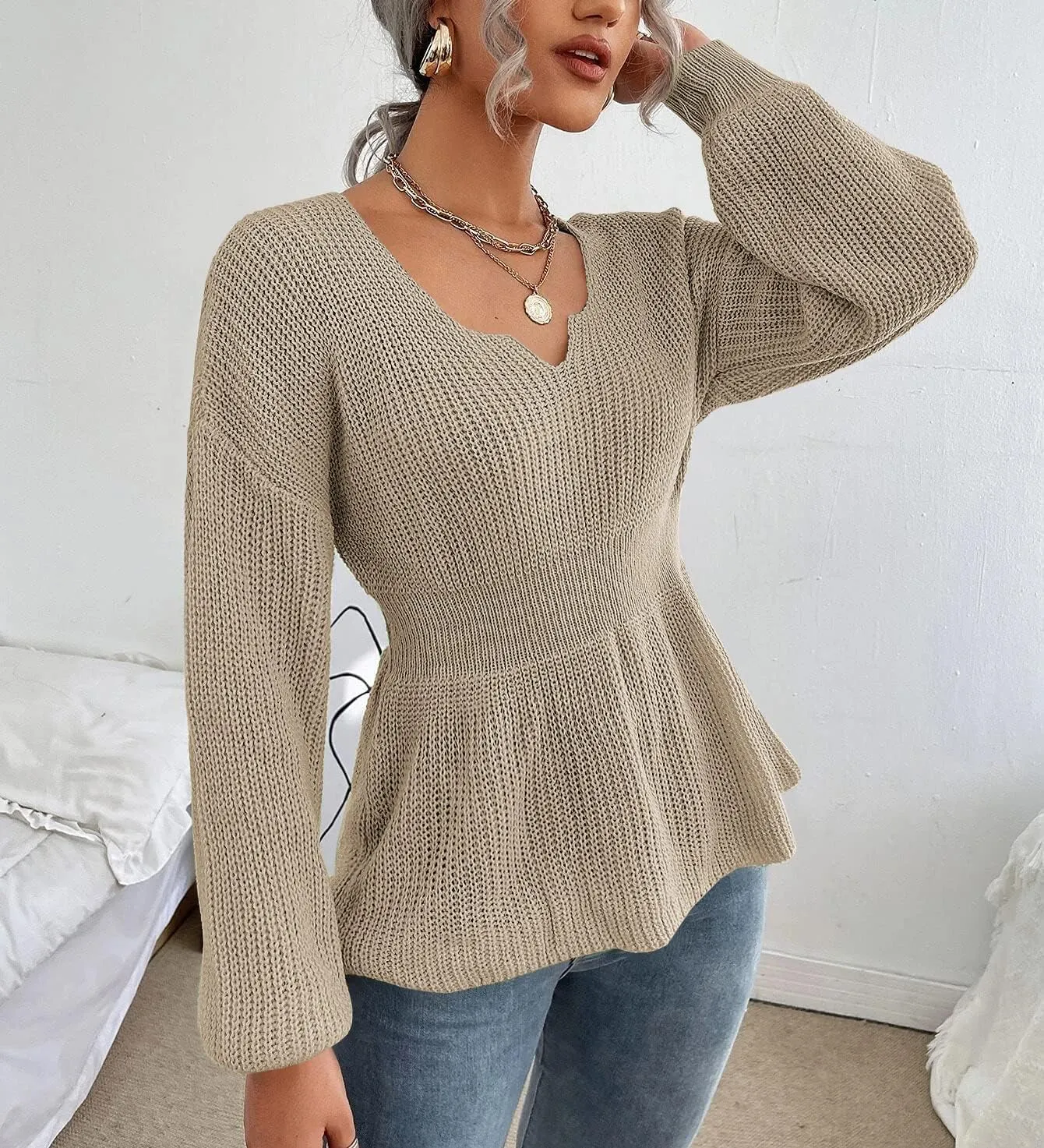 Veatzaer Womens V Neck Sweaters Fall Trendy Casual Long Lantern Sleeve Ribbed Knit Pullover Sweater Tops