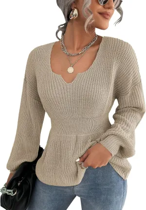 Veatzaer Womens V Neck Sweaters Fall Trendy Casual Long Lantern Sleeve Ribbed Knit Pullover Sweater Tops
