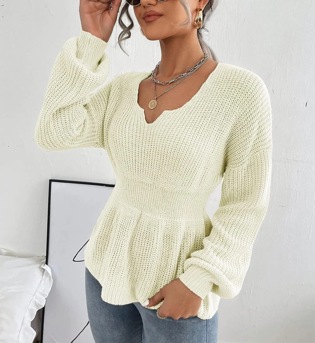 Veatzaer Womens V Neck Sweaters Fall Trendy Casual Long Lantern Sleeve Ribbed Knit Pullover Sweater Tops