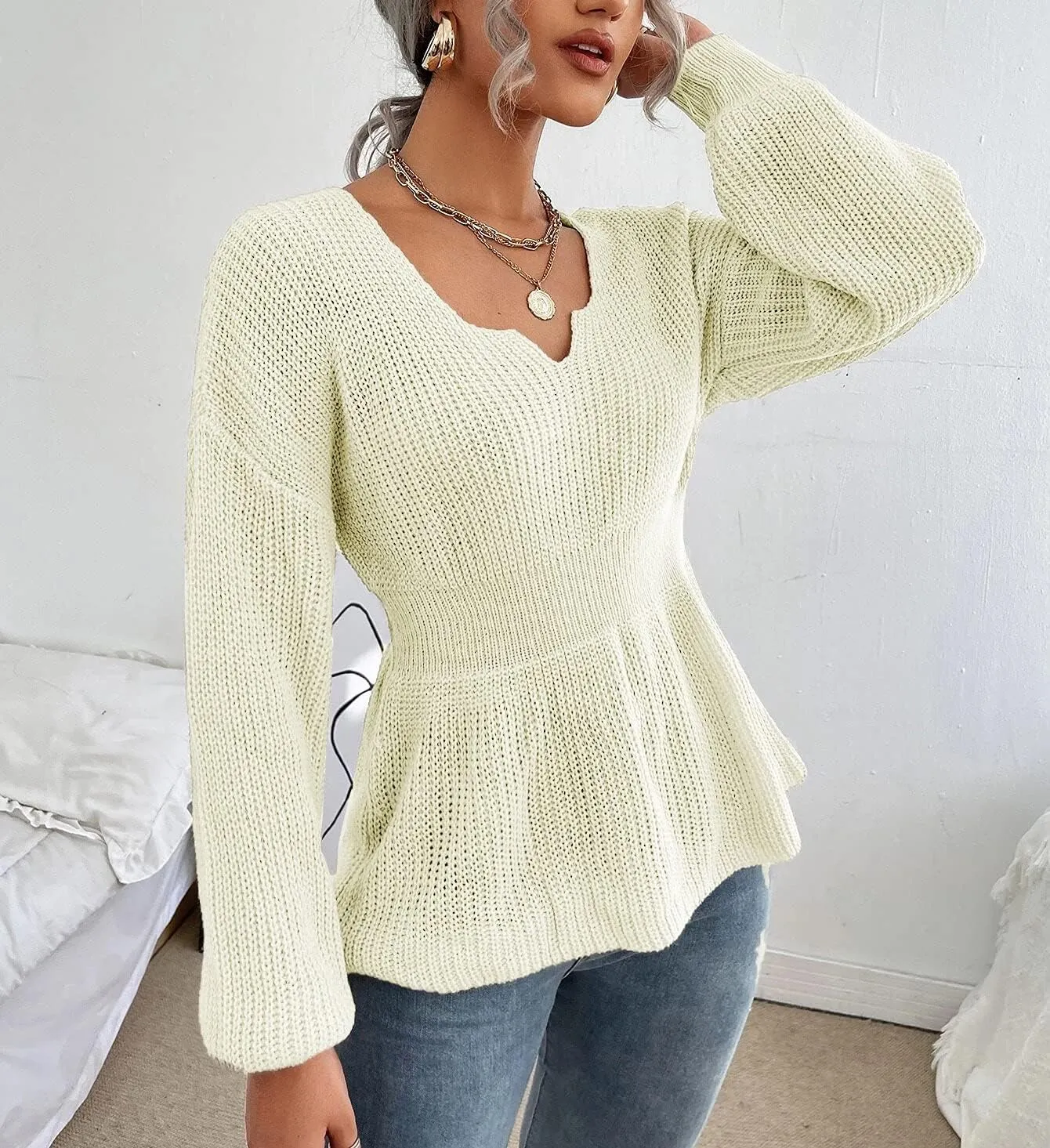 Veatzaer Womens V Neck Sweaters Fall Trendy Casual Long Lantern Sleeve Ribbed Knit Pullover Sweater Tops