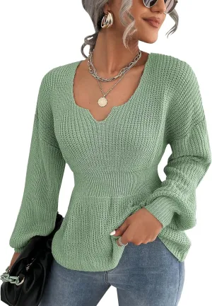 Veatzaer Womens V Neck Sweaters Fall Trendy Casual Long Lantern Sleeve Ribbed Knit Pullover Sweater Tops