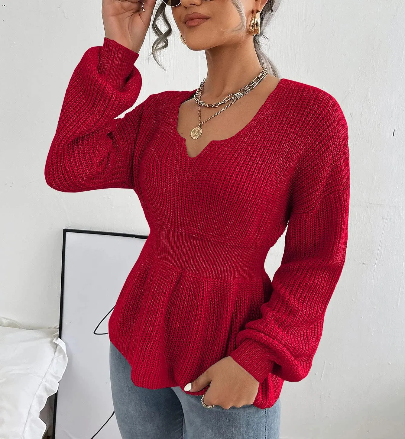 Veatzaer Womens V Neck Sweaters Fall Trendy Casual Long Lantern Sleeve Ribbed Knit Pullover Sweater Tops
