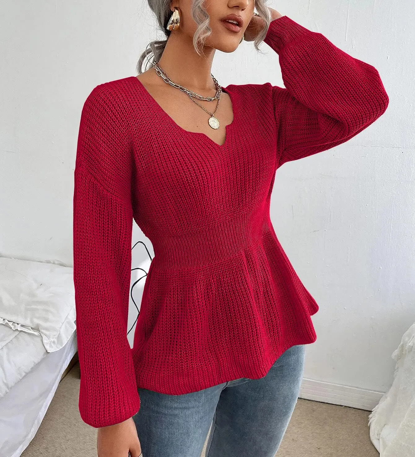 Veatzaer Womens V Neck Sweaters Fall Trendy Casual Long Lantern Sleeve Ribbed Knit Pullover Sweater Tops