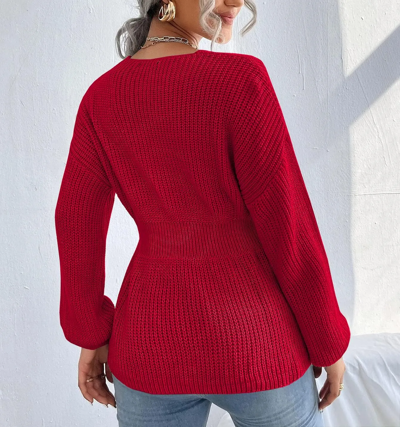 Veatzaer Womens V Neck Sweaters Fall Trendy Casual Long Lantern Sleeve Ribbed Knit Pullover Sweater Tops
