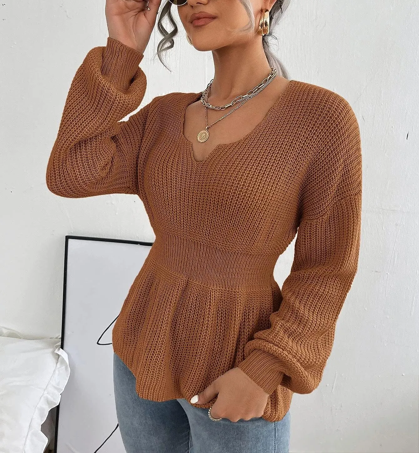 Veatzaer Womens V Neck Sweaters Fall Trendy Casual Long Lantern Sleeve Ribbed Knit Pullover Sweater Tops