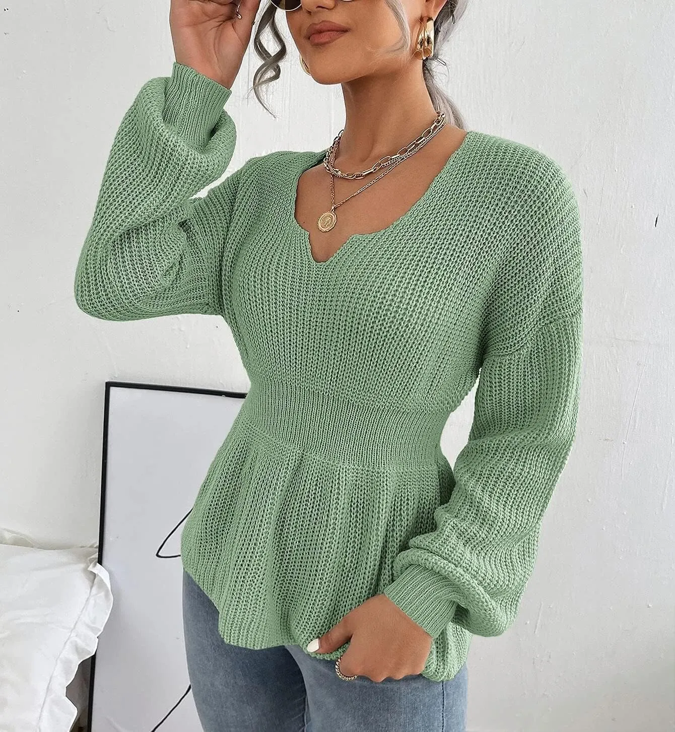 Veatzaer Womens V Neck Sweaters Fall Trendy Casual Long Lantern Sleeve Ribbed Knit Pullover Sweater Tops