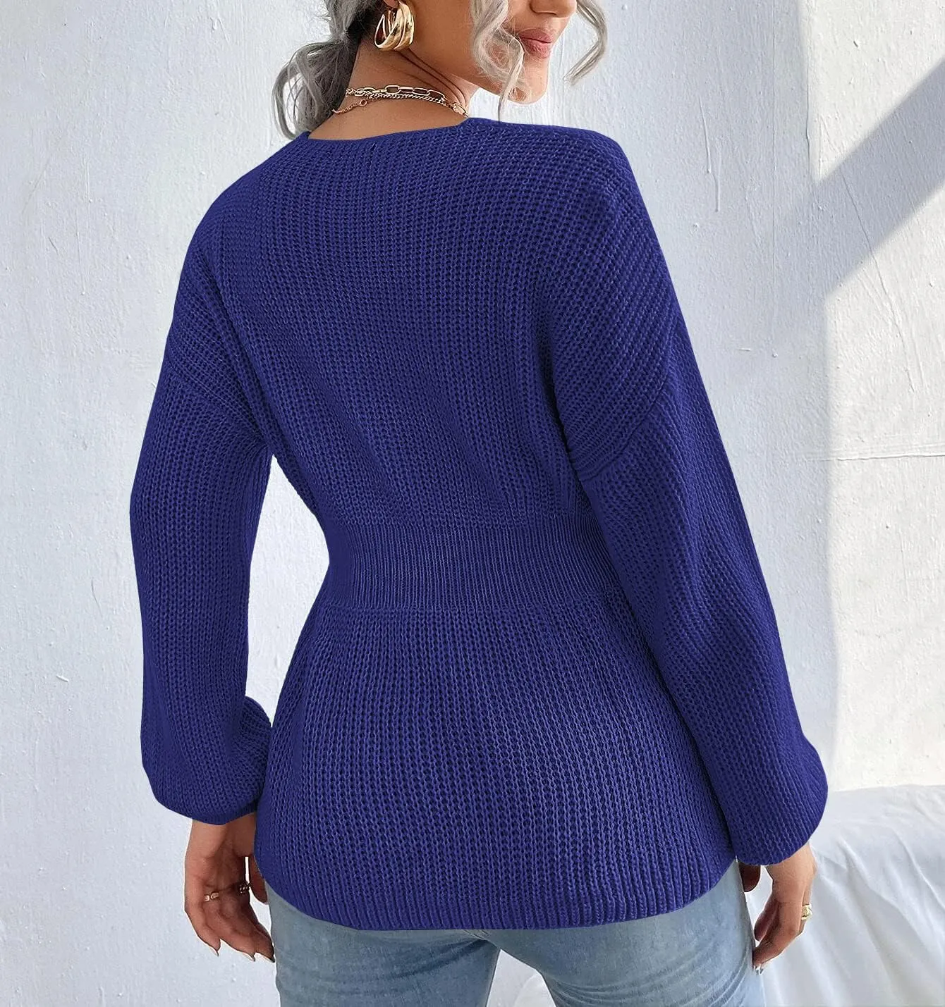 Veatzaer Womens V Neck Sweaters Fall Trendy Casual Long Lantern Sleeve Ribbed Knit Pullover Sweater Tops