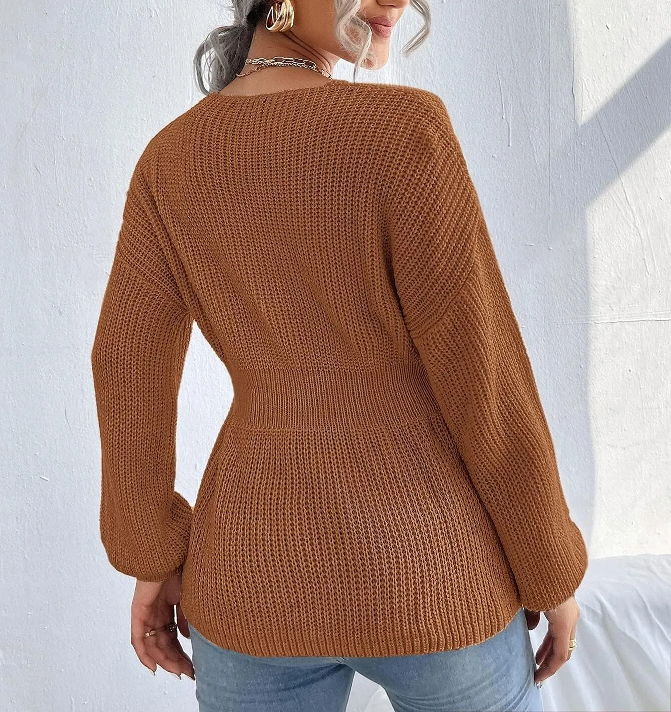 Veatzaer Womens V Neck Sweaters Fall Trendy Casual Long Lantern Sleeve Ribbed Knit Pullover Sweater Tops