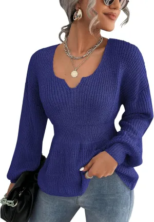 Veatzaer Womens V Neck Sweaters Fall Trendy Casual Long Lantern Sleeve Ribbed Knit Pullover Sweater Tops