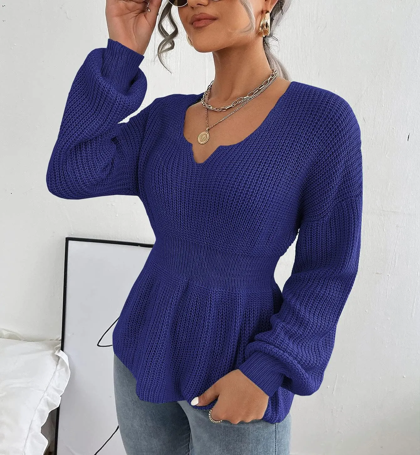 Veatzaer Womens V Neck Sweaters Fall Trendy Casual Long Lantern Sleeve Ribbed Knit Pullover Sweater Tops