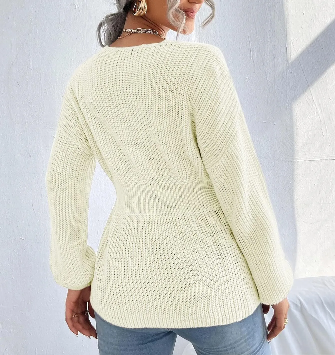 Veatzaer Womens V Neck Sweaters Fall Trendy Casual Long Lantern Sleeve Ribbed Knit Pullover Sweater Tops
