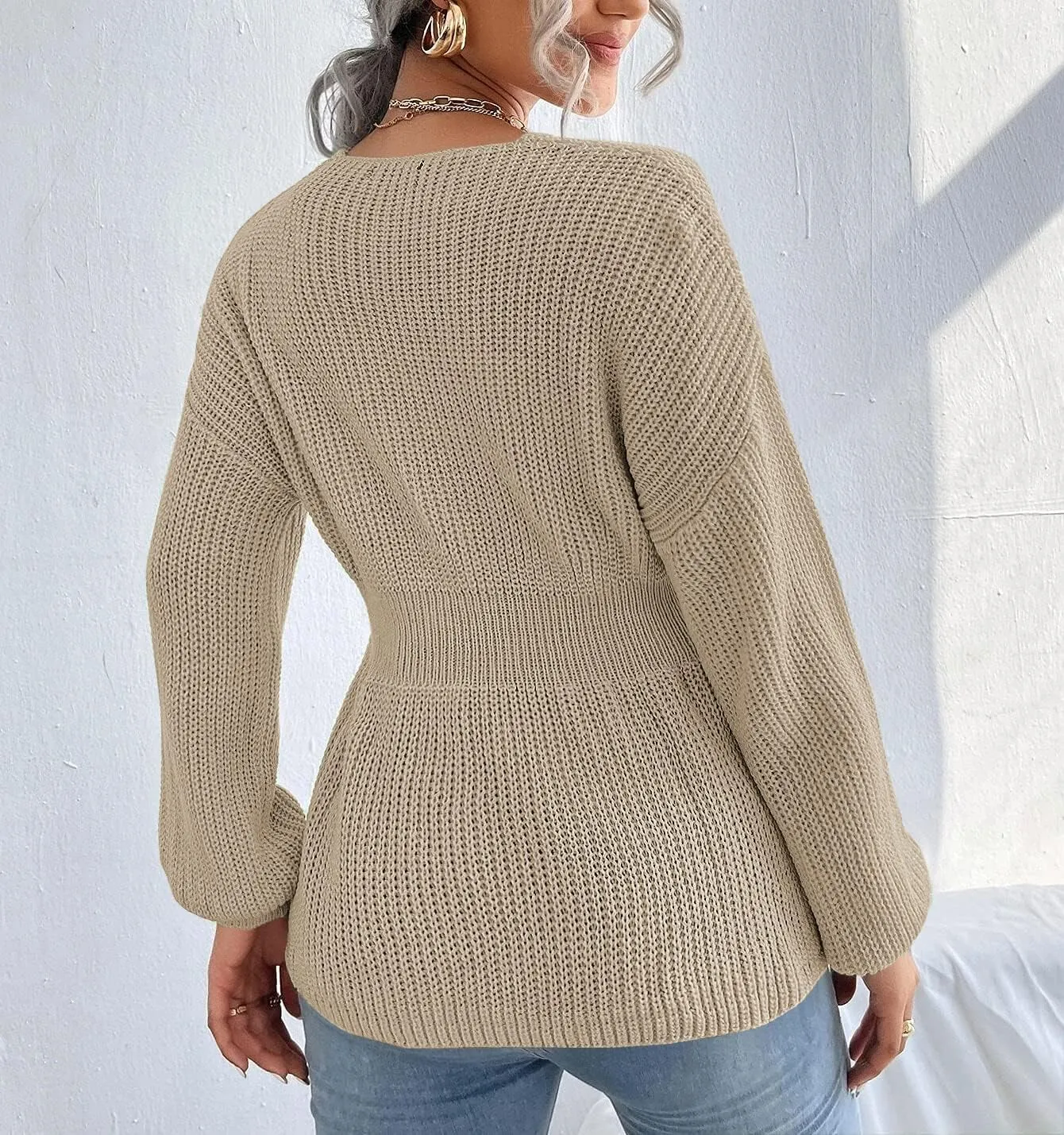 Veatzaer Womens V Neck Sweaters Fall Trendy Casual Long Lantern Sleeve Ribbed Knit Pullover Sweater Tops