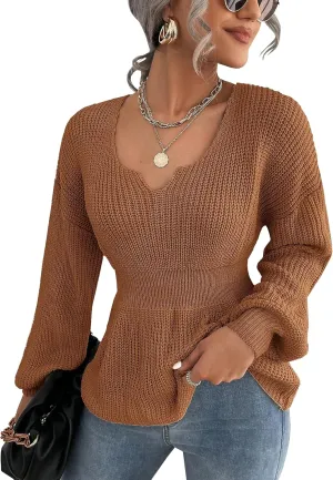 Veatzaer Womens V Neck Sweaters Fall Trendy Casual Long Lantern Sleeve Ribbed Knit Pullover Sweater Tops