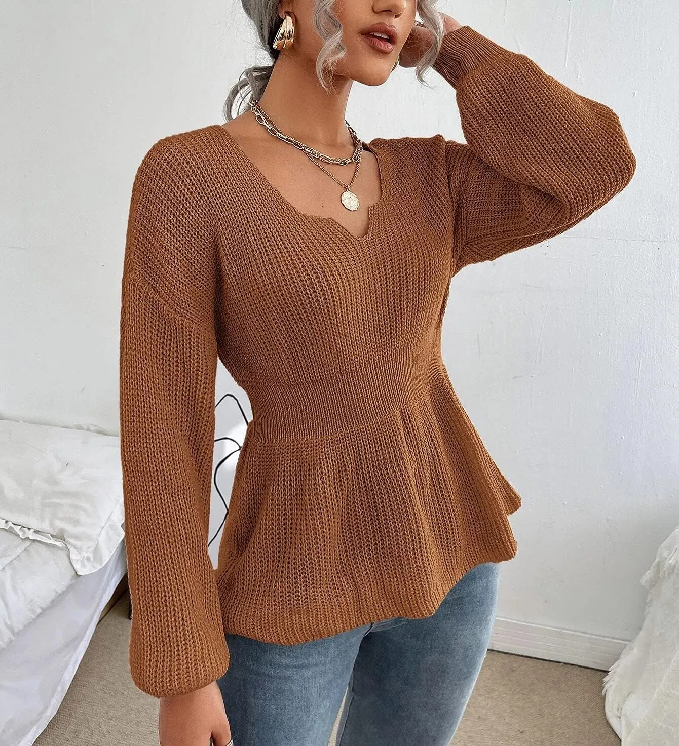 Veatzaer Womens V Neck Sweaters Fall Trendy Casual Long Lantern Sleeve Ribbed Knit Pullover Sweater Tops