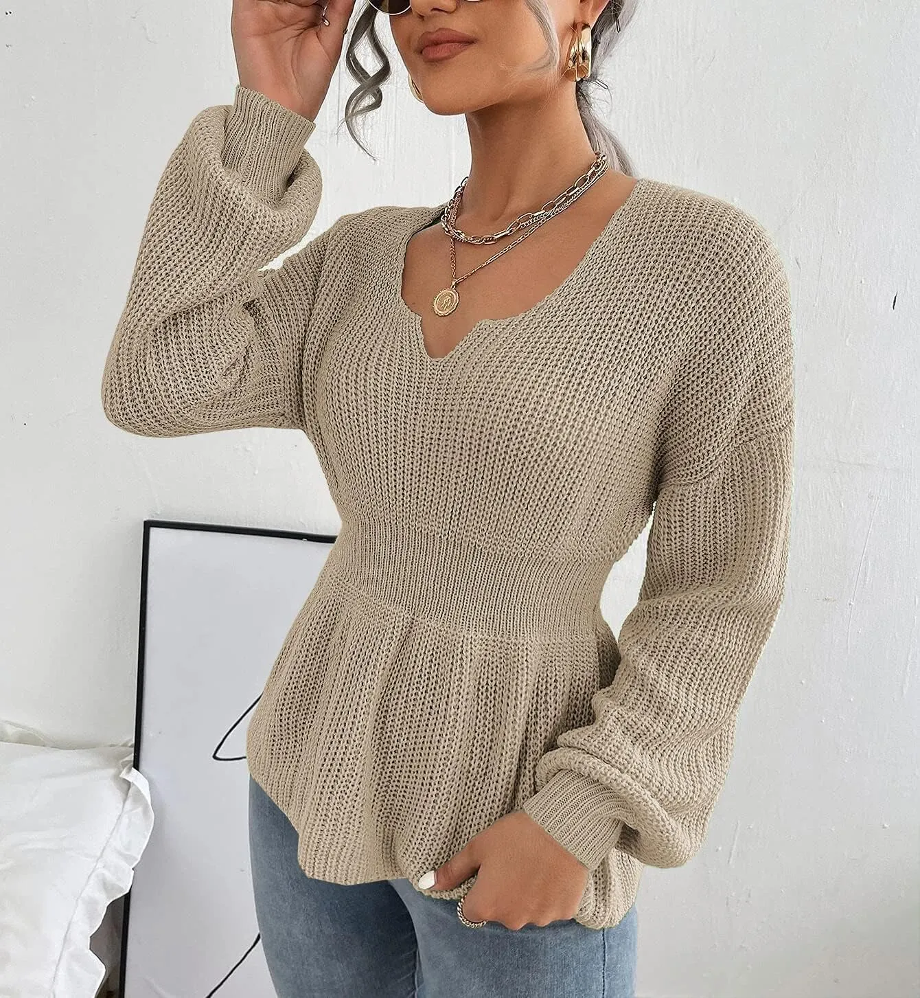 Veatzaer Womens V Neck Sweaters Fall Trendy Casual Long Lantern Sleeve Ribbed Knit Pullover Sweater Tops