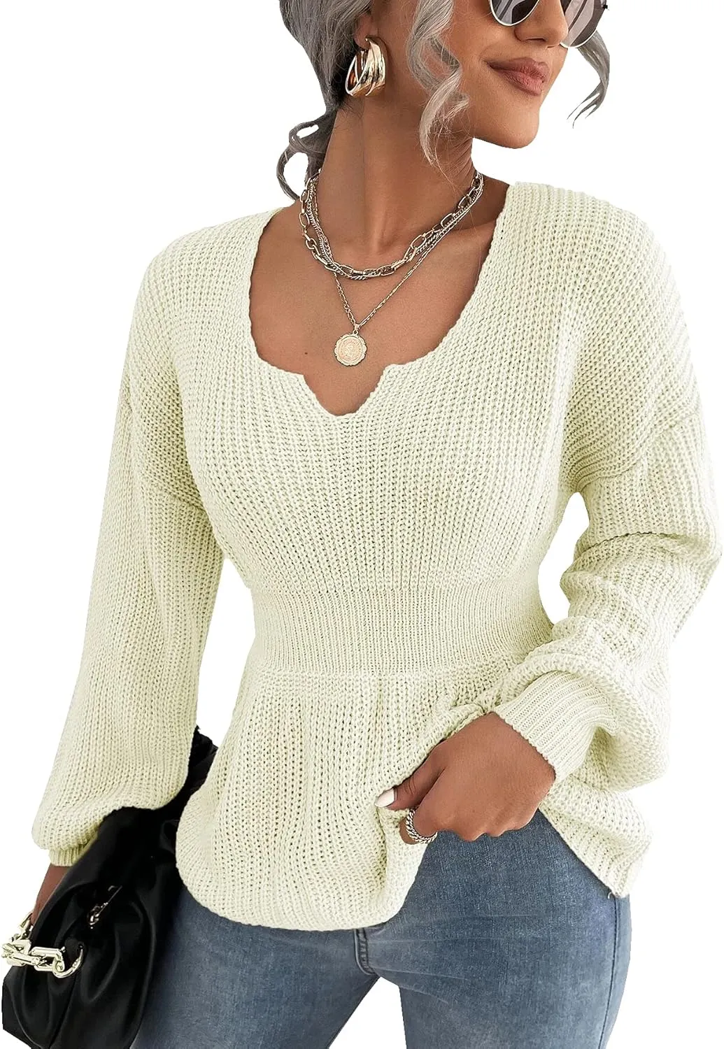 Veatzaer Womens V Neck Sweaters Fall Trendy Casual Long Lantern Sleeve Ribbed Knit Pullover Sweater Tops
