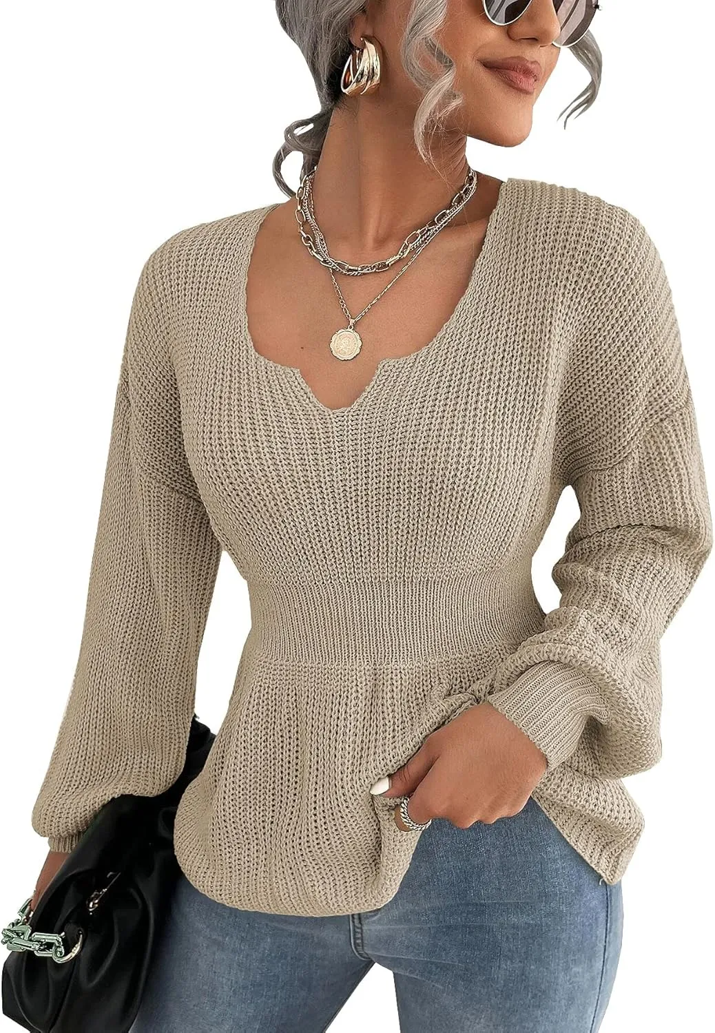 Veatzaer Womens V Neck Sweaters Fall Trendy Casual Long Lantern Sleeve Ribbed Knit Pullover Sweater Tops