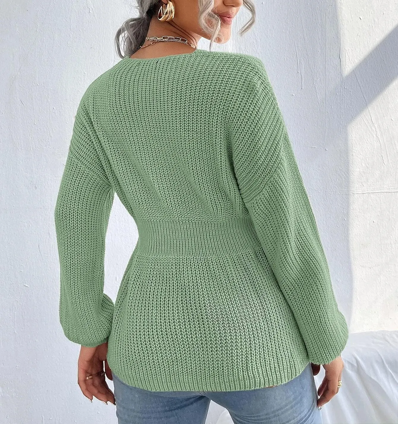Veatzaer Womens V Neck Sweaters Fall Trendy Casual Long Lantern Sleeve Ribbed Knit Pullover Sweater Tops