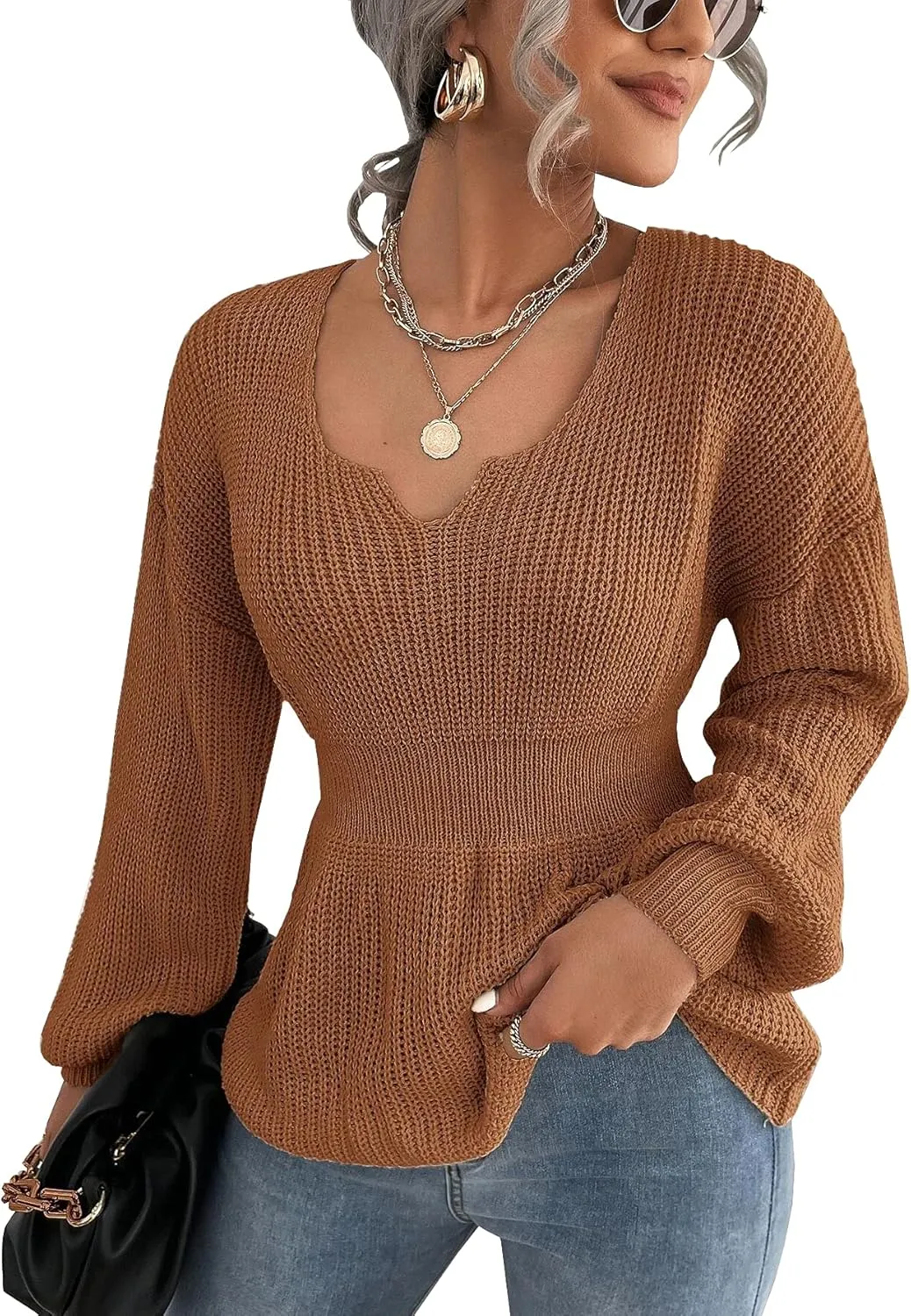 Veatzaer Womens V Neck Sweaters Fall Trendy Casual Long Lantern Sleeve Ribbed Knit Pullover Sweater Tops