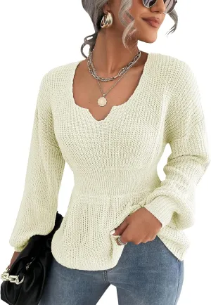 Veatzaer Womens V Neck Sweaters Fall Trendy Casual Long Lantern Sleeve Ribbed Knit Pullover Sweater Tops