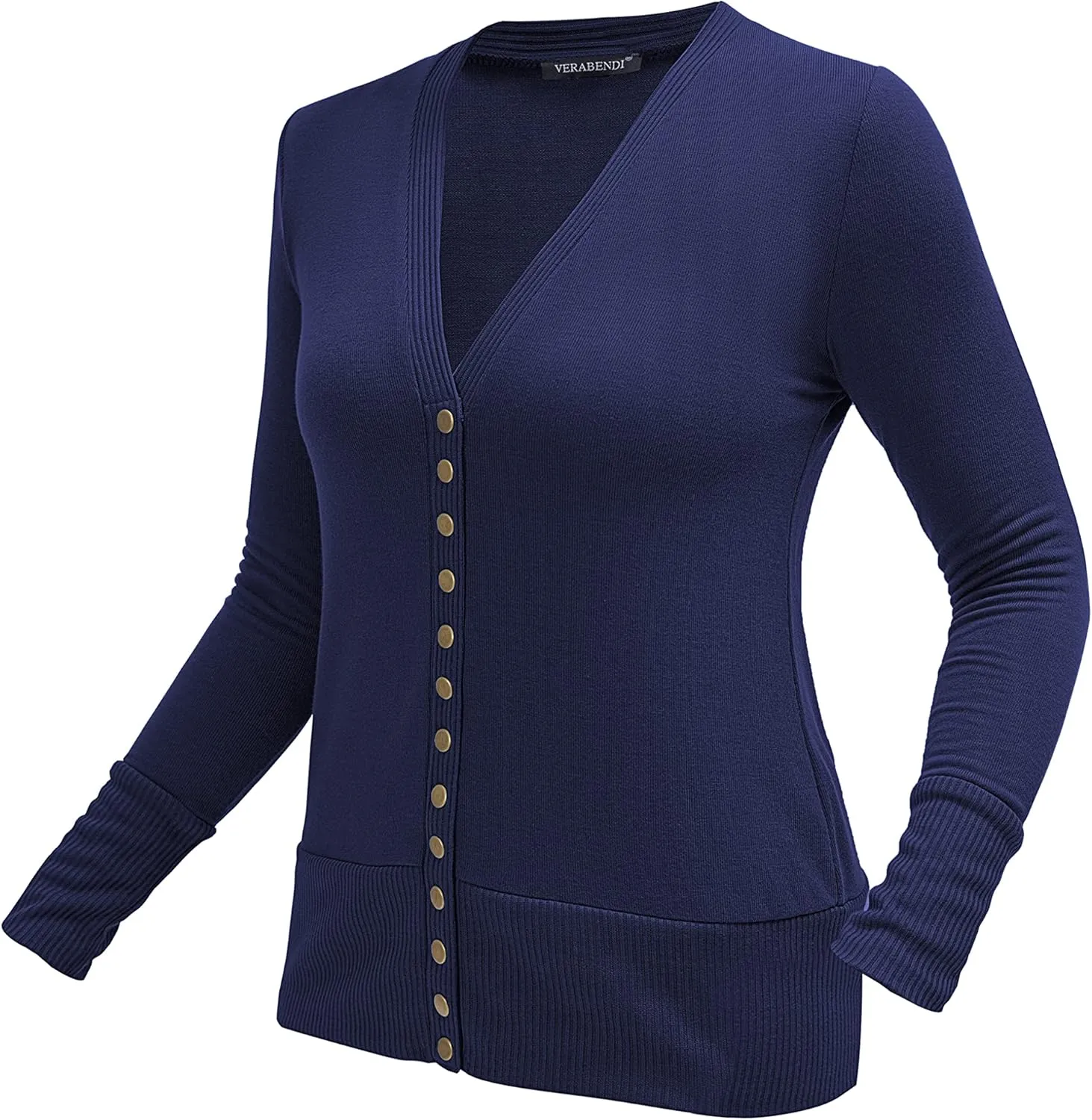 VERABENDI Women Long Sleeve Snaps Button Down V Neck Cute Knit Sweater Cardigan