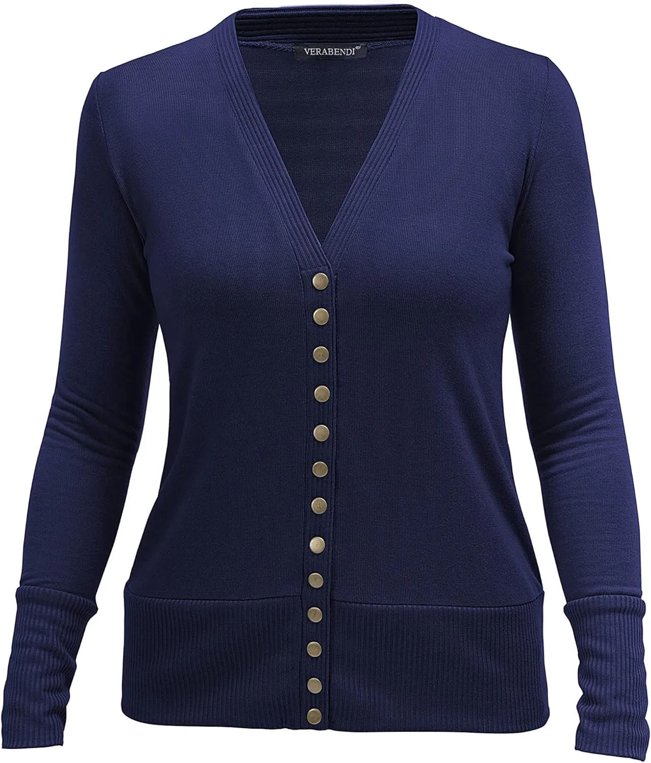 VERABENDI Women Long Sleeve Snaps Button Down V Neck Cute Knit Sweater Cardigan