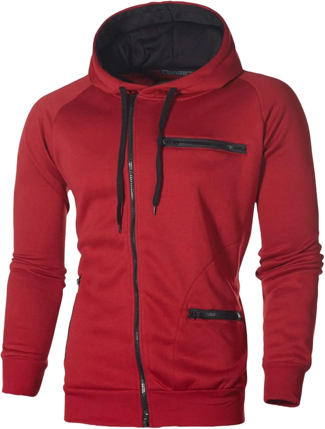 Wankang Mens Full Zip Fleece Hoodies Solid Drawstring Slim Fit Long Sleeve Lightweight Hooded Sweatshirt with Zipper Pockets