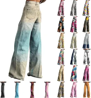 Wide Leg Flare Jeans for Women with Pocket Baggy Pants Vintage Floral Print Jeans for Women High Waisted Loose Pant