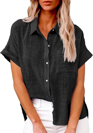 Women Linen Shirts V Neck Button Blouse Boho Dressy Tshirts Short Sleeve Loose Fit T Shirts