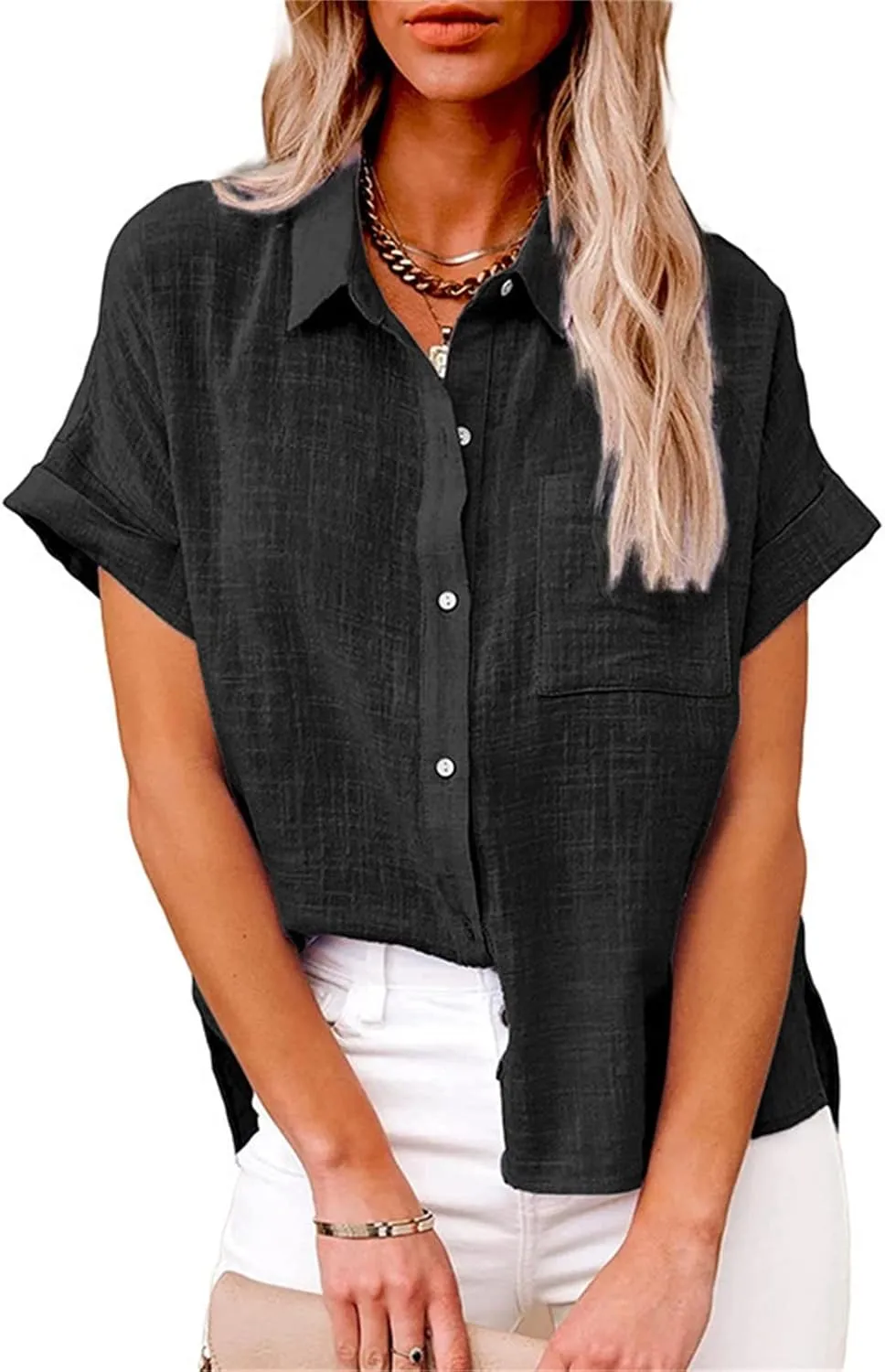 Women Linen Shirts V Neck Button Blouse Boho Dressy Tshirts Short Sleeve Loose Fit T Shirts