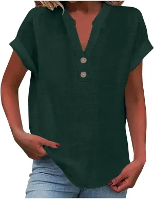 Women Linen Shirts V Neck Button Blouses Bohemian 2024 Summer Tops Short Sleeve Loose Fit T-Shirts