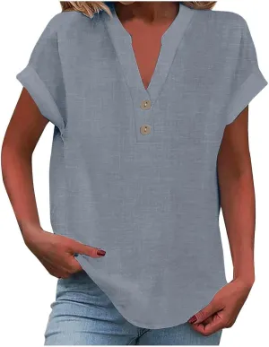 Women Linen Shirts V Neck Button Blouses Bohemian 2024 Summer Tops Short Sleeve Loose Fit T-Shirts