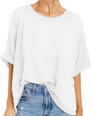 Women Oversized T Shirt Short Sleeve Loose Casual Basic Shirts Summer Tee Tops Crewneck Roll Up Sleeve Blouse Shirt