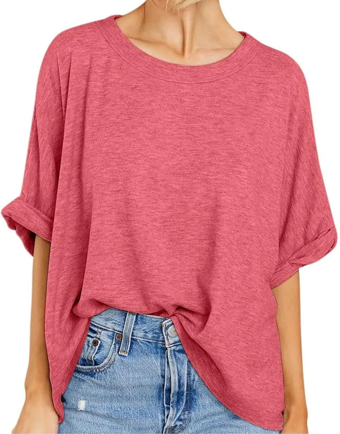 Women Oversized T Shirt Short Sleeve Loose Casual Basic Shirts Summer Tee Tops Crewneck Roll Up Sleeve Blouse Shirt