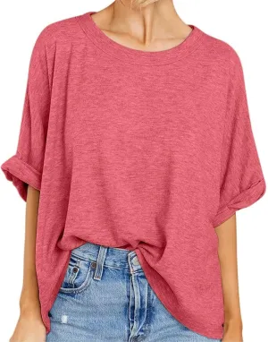 Women Oversized T Shirt Short Sleeve Loose Casual Basic Shirts Summer Tee Tops Crewneck Roll Up Sleeve Blouse Shirt