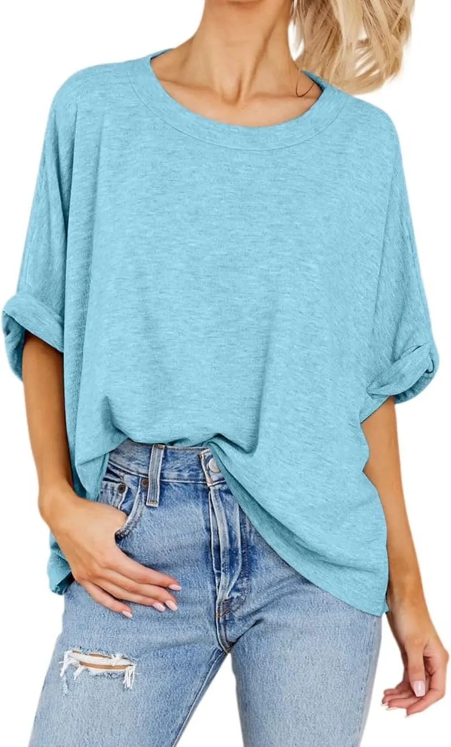 Women Oversized T Shirt Short Sleeve Loose Casual Basic Shirts Summer Tee Tops Crewneck Roll Up Sleeve Blouse Shirt