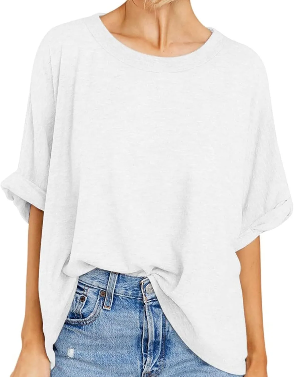 Women Oversized T Shirt Short Sleeve Loose Casual Basic Shirts Summer Tee Tops Crewneck Roll Up Sleeve Blouse Shirt