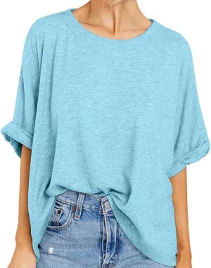 Women Oversized T Shirt Short Sleeve Loose Casual Basic Shirts Summer Tee Tops Crewneck Roll Up Sleeve Blouse Shirt